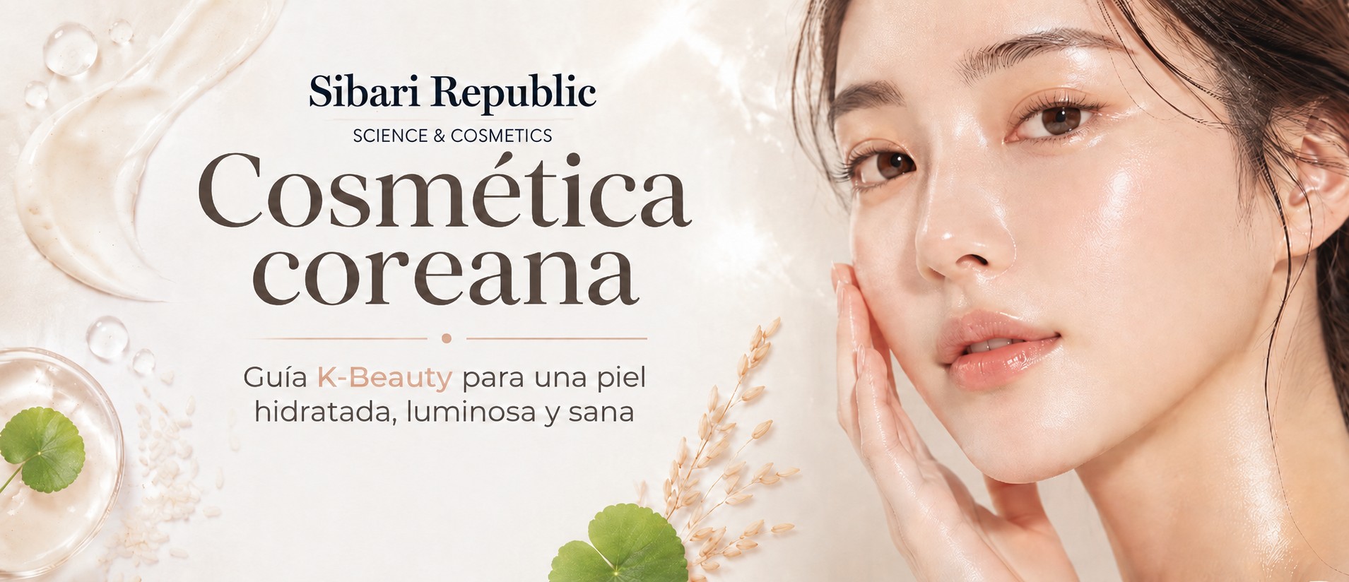 Banner de cosmética coreana con una modelo de piel luminosa y el texto “Guía K-Beauty para una piel hidratada, luminosa y sana